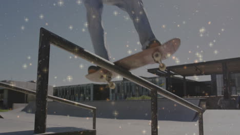 skateboarder grinding metal rail in skate park, integrating sparkle effects for sports marketing