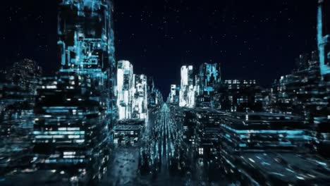 a futuristic cityscape at night with illuminated skyscrapers and starry sky, showcasing a high-tech urban environment and digital aesthetics.