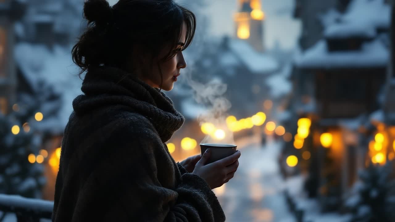 Woman in a warm sweater stands outdoors, holding a steaming cup, gazing at a snow-covered village illuminated by soft lights, creating a serene winter atmosphere filled with tranquility