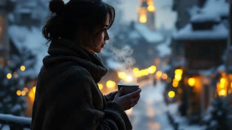 Woman in a warm sweater stands outdoors, holding a steaming cup, gazing at a snow-covered village illuminated by soft lights, creating a serene winter atmosphere filled with tranquility