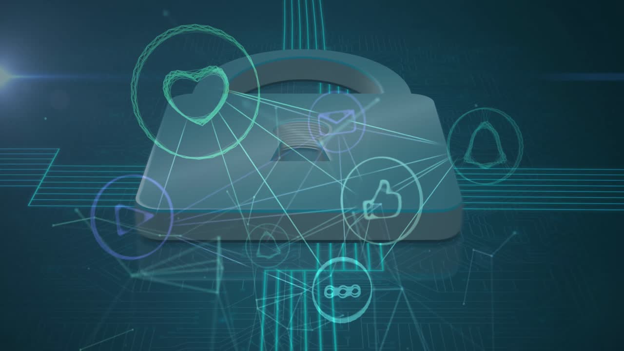 온라인 보안  ⁇ 락 위의 아이콘으로 연결 네트워크의 애니메이션