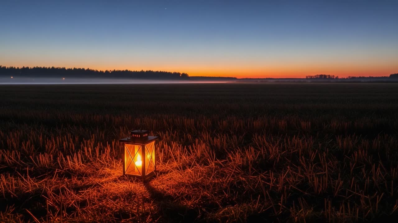 A Tranquil Evening Scene Featuring a Glow of a Lantern in a Serene Field Under a Colorful Horizon as Day Transitions to Night