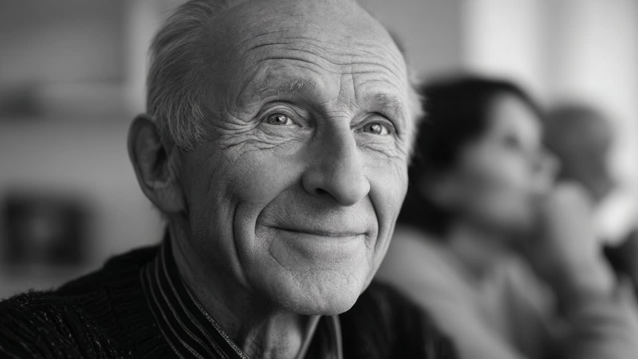 Een bedachtzame oudere man die terugblikt op levensmomenten, vastgelegd in twee frames, met een warme en serene glimlach in een nostalgische zwart-wit-omgeving.