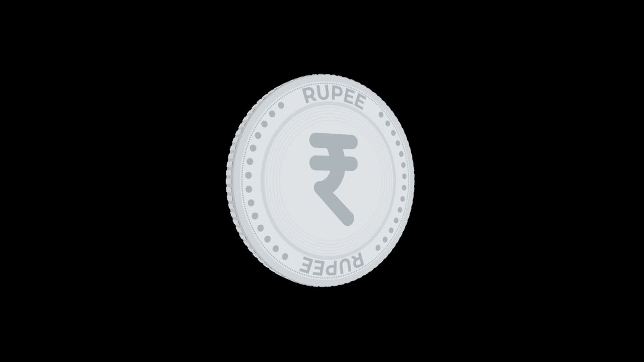 Spinning silver rupee coin isolated on black and green background. 4k