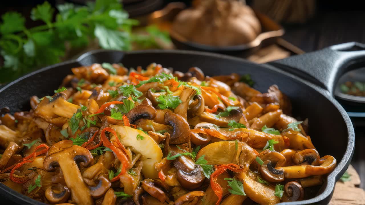 Delicious mix of steaming mushrooms and potatoes seasoned with chili pepper and parsley, cooking in a cast iron pan, creating a warm and inviting culinary scene