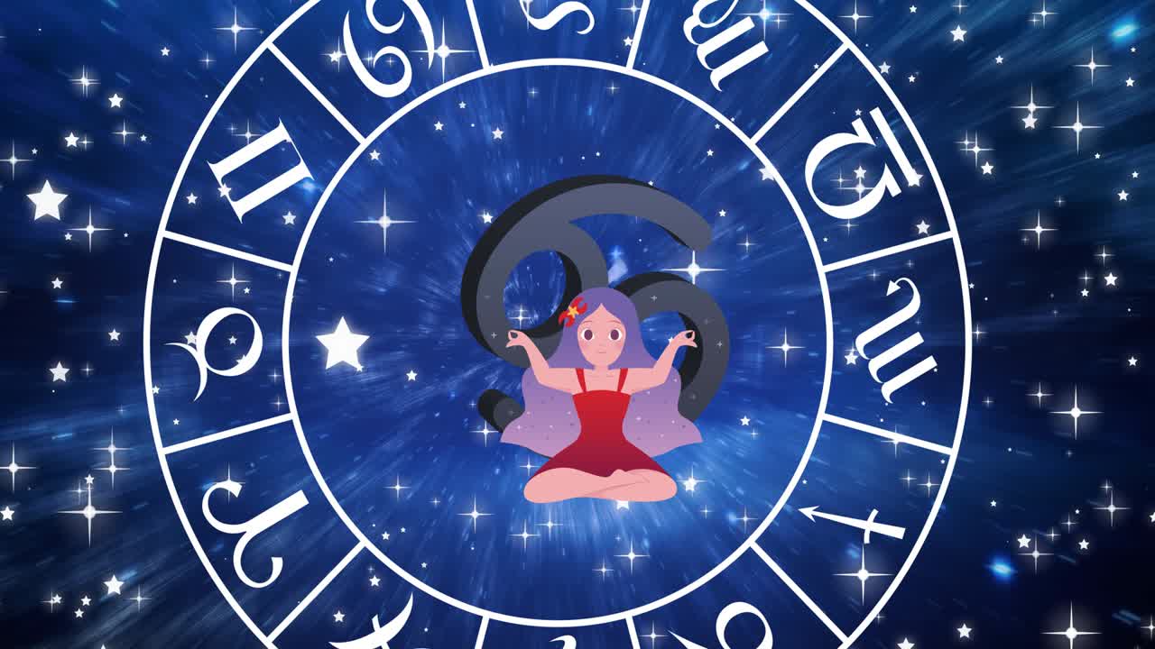 animación del signo de la estrella del cáncer dentro de la rueda giratoria de los signos del zodiaco sobre las estrellas en el cielo azul