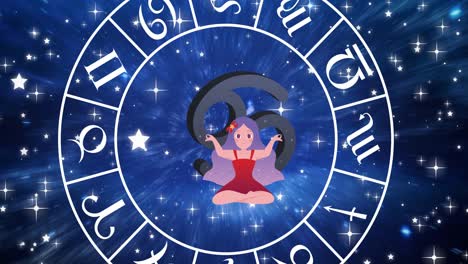 animation of cancer star sign inside spinning wheel of zodiac signs over stars on blue sky
