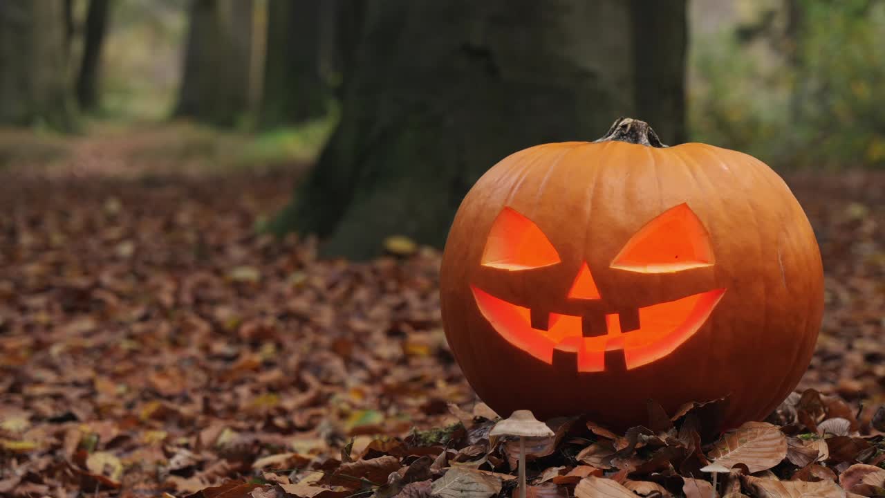 Glowing pumpkin lantern in autumn forest on fallen leaves creating a creepy Halloween atmosphere