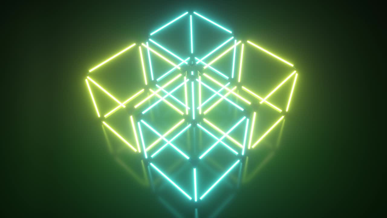 cuatro cubos de neón rotativos brillantes, luz ultravioleta fluorescente, espectro amarillo verde, bucle sin costuras abstracto 3d que muestra el fondo geométrico