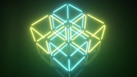 cuatro cubos de neón rotativos brillantes, luz ultravioleta fluorescente, espectro amarillo verde, bucle sin costuras abstracto 3d que muestra el fondo geométrico