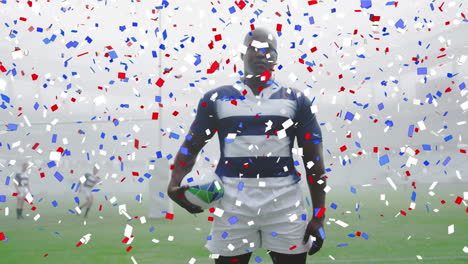 animación de confeti sobre jugadores de rugby masculinos durante el partido en el estadio