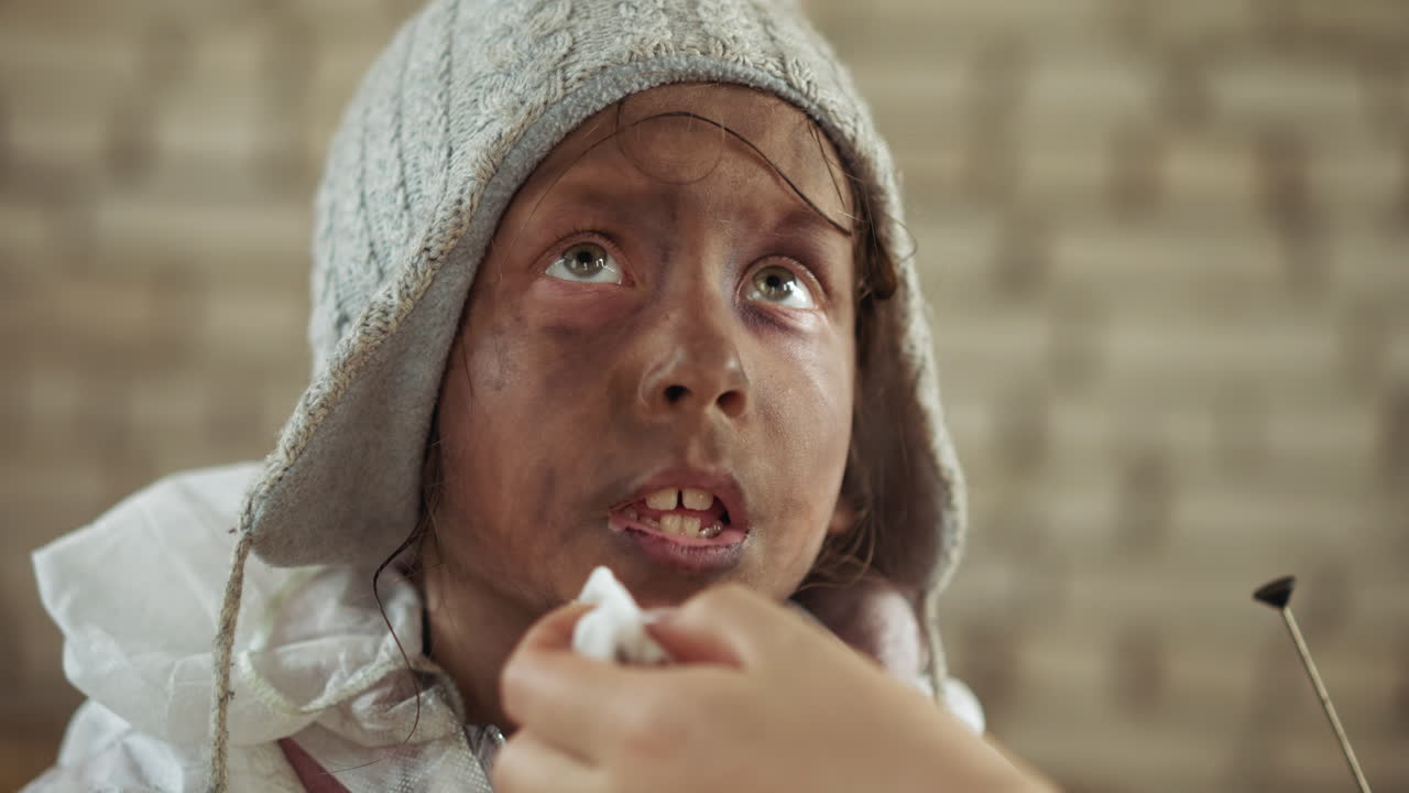 Close up of dirty child wearing knit beanie being gently wiped clean by caring hand, showing tired but calm expression inside room with soft lighting and neutral wall background
