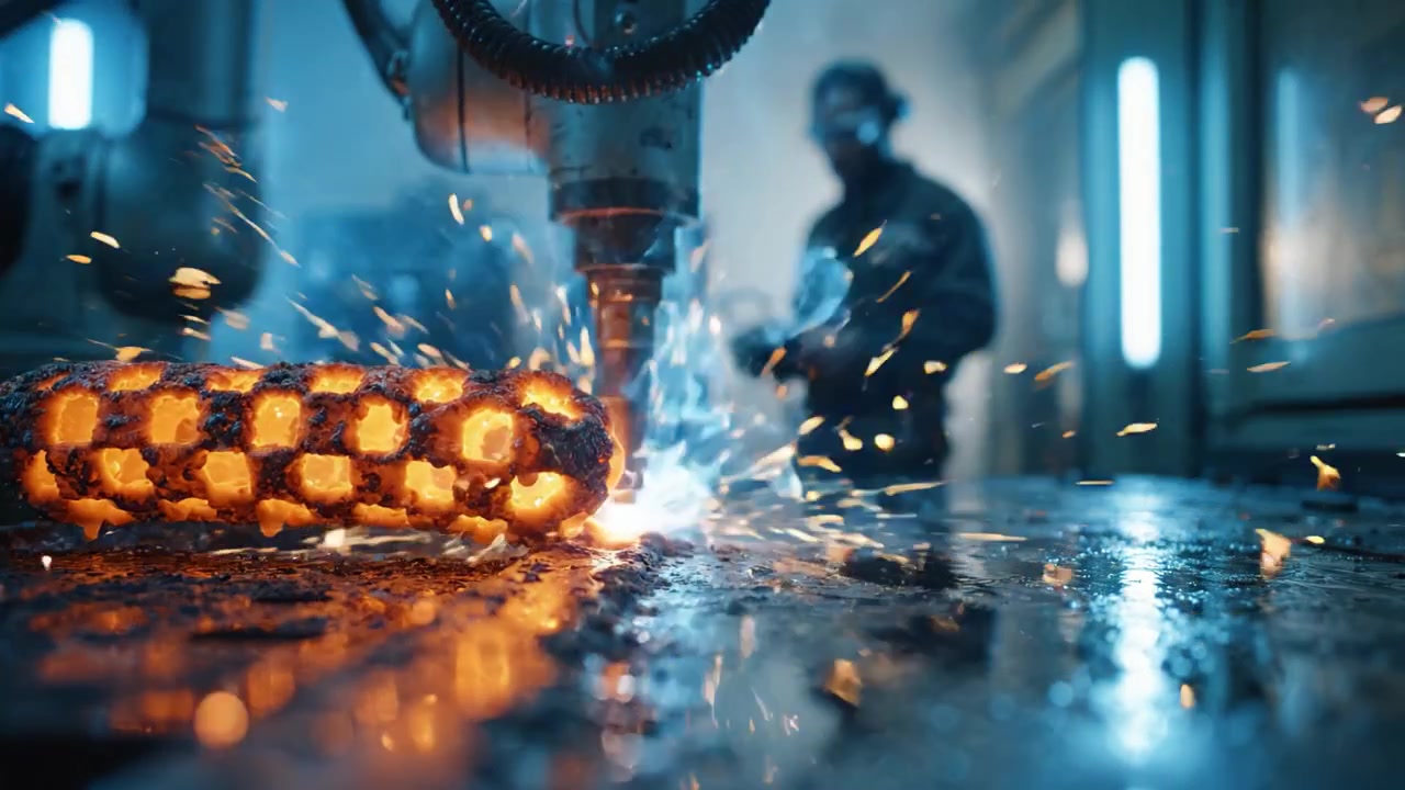 Metal İşçiliğinin Gücünü Yakalayan Endüstriyel Sahne: Isıtılmış Bir Metal Nesnenin Hassas Makine Operasyonu Altında Dinamik Kıvılcımlar ve Parlamayla Dönüşüm Süreci
