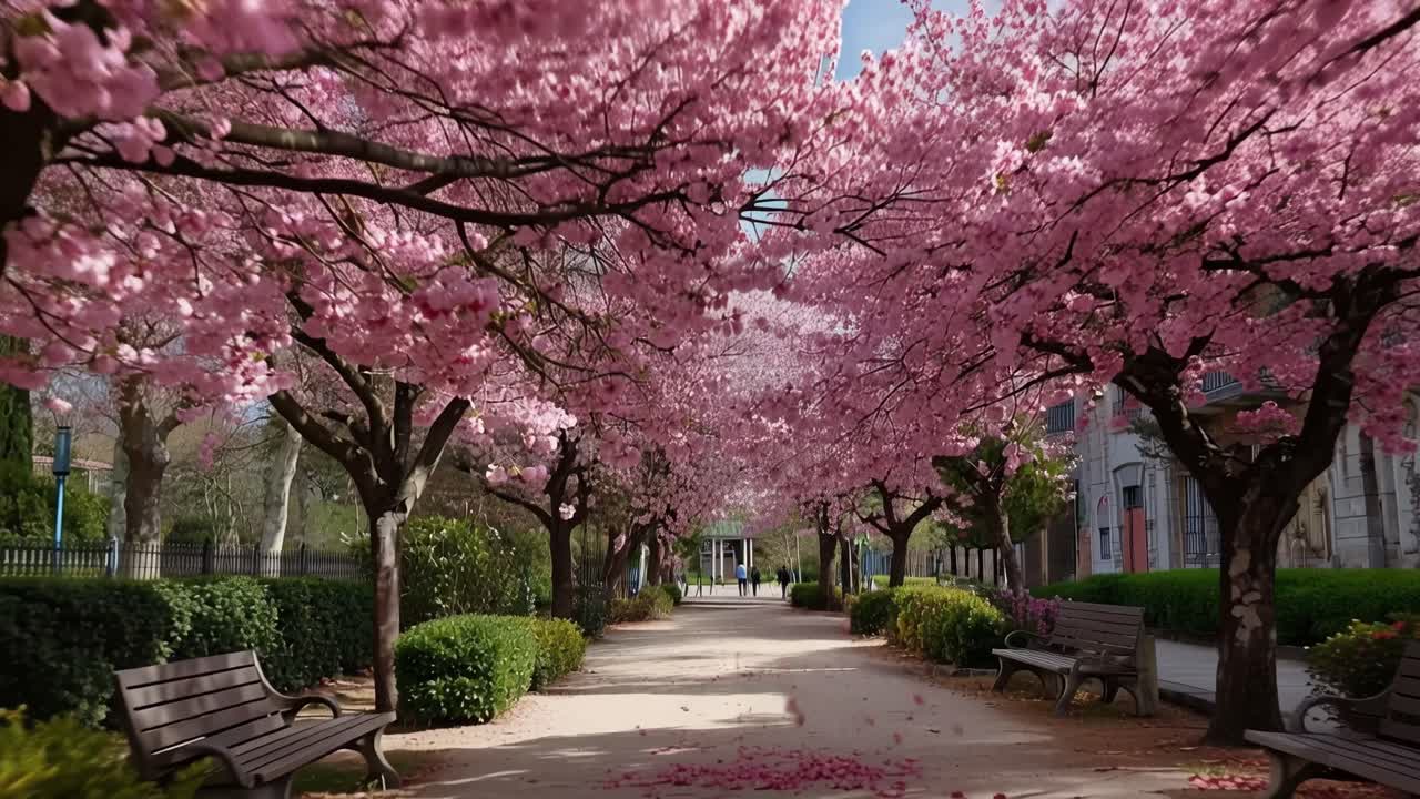 Fiori rosa incorniciano un tranquillo sentiero del parco. La luce del sole filtra attraverso i petali morbidi. I bambini ridono mentre corrono sotto gli alberi. I genitori sorridono, guardando i loro figli giocare.