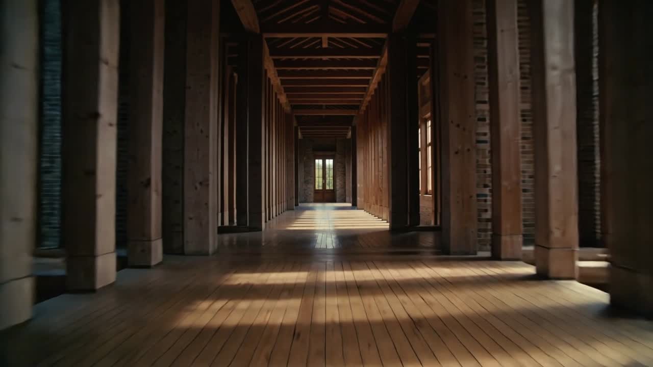 Tracking camera sliding through corridor in timber hall, revealing wooden floor, window light bands