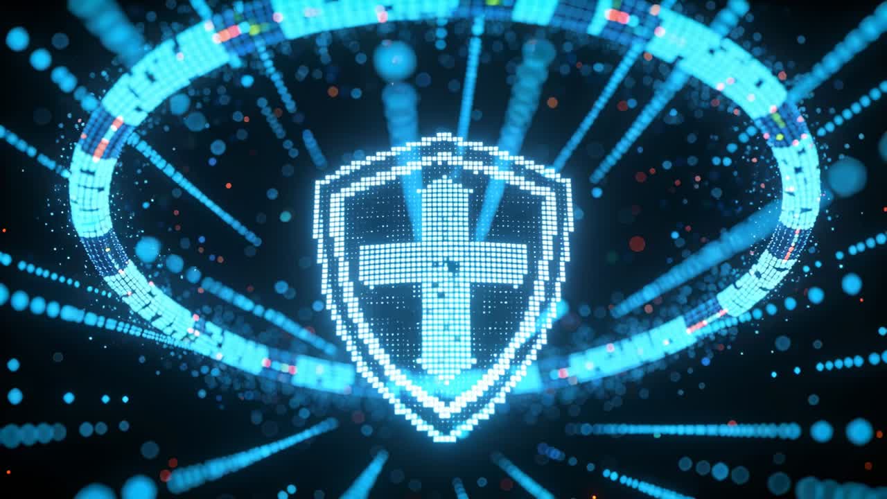 Vertical video: Appearing glowing pixel shield pulsing, growing in dark void with ring to form seal