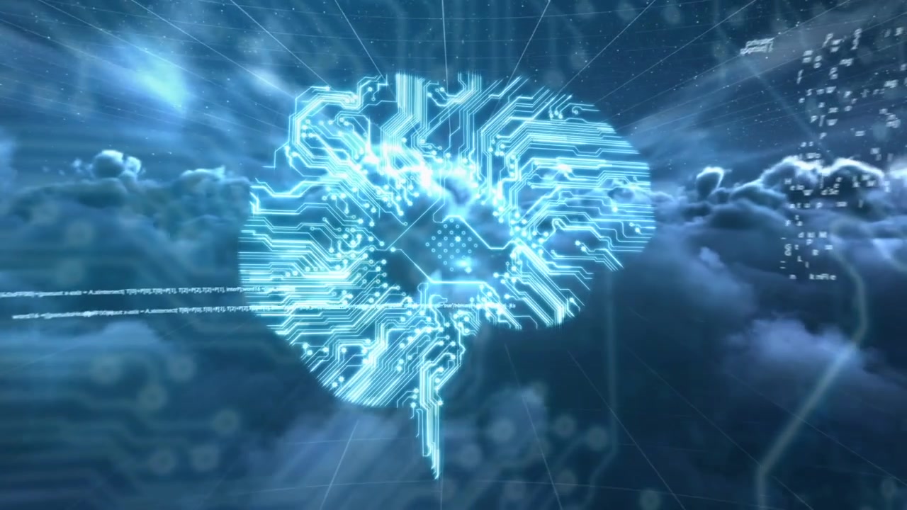 Glowing Artificial Intelligence Brain with Digital Circuitry and Data in Cloud