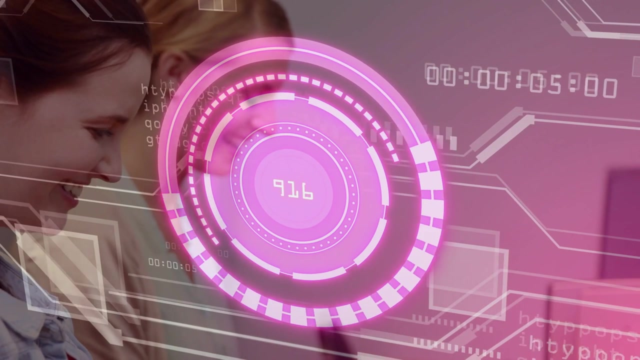Two women leaning at monitor right woman typing starting pink HUD cycling readout for tech analysis