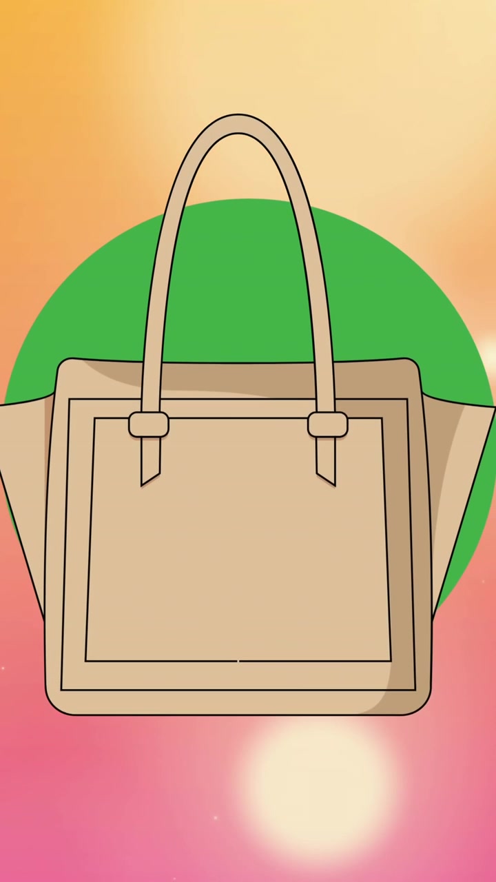 Animazione di borse tote beige su cerchio verde su sfondo rosa bokeh.