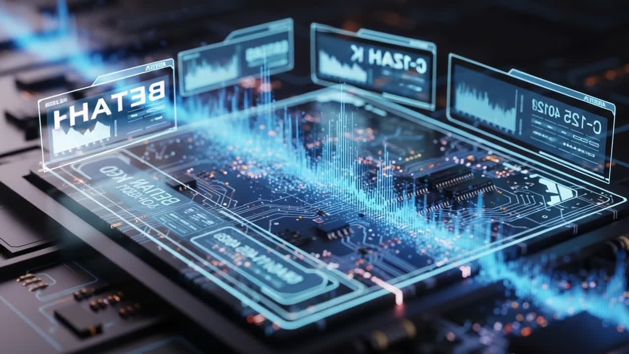 Futuristic Digital Interface Showcasing Advanced Technology and Data Analysis Through Graphical Representations and Circuit Patterns