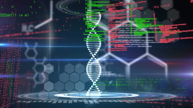 Animation of 3d dna strand spinning and scientific data processing over hexagons in background