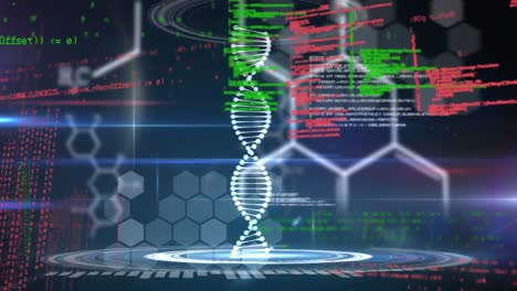 Animación-Del-Hilado-De-Cadenas-De-ADN-En-3D-Y-Procesamiento-De-Datos-Científicos-Sobre-Hexágonos-En-Segundo-Plano.