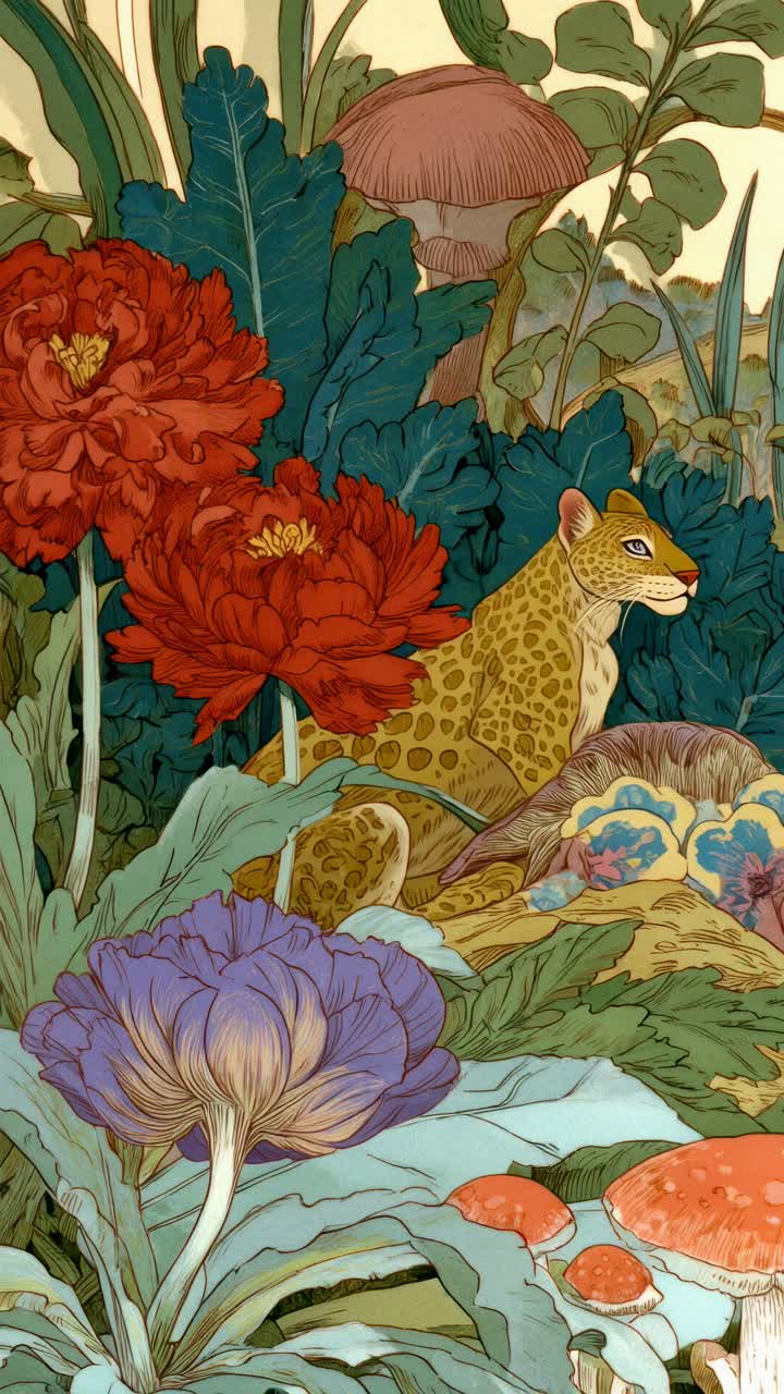 Scena della giungla illustrata con un leopardo, flora vivace e una vista dal basso, ideale per video.