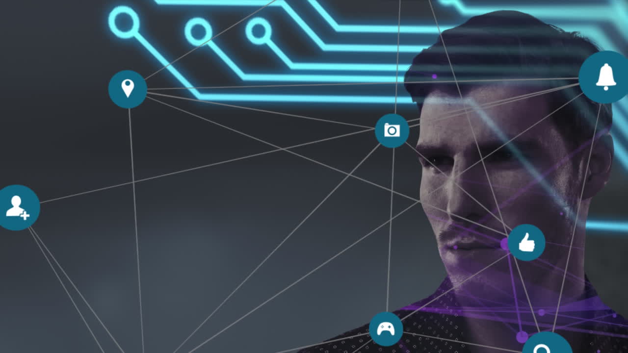 red de iconos de conexiones sobre el hombre contra un fondo negro