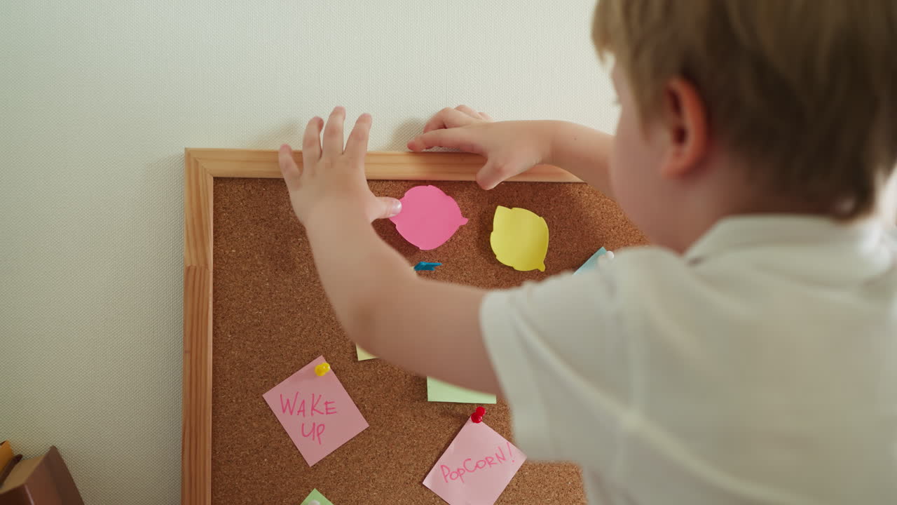 bonito niño de preescolar rubio juega con papel y tablero de corcho