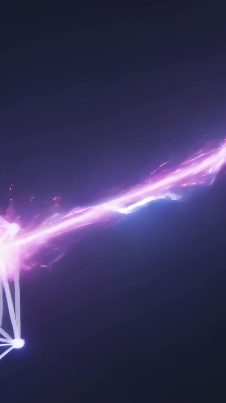 Video verticale: Nodo rosa che esplode, poliedro wireframe che emette un raggio su uno sfondo sfumato, con spazio per il testo.