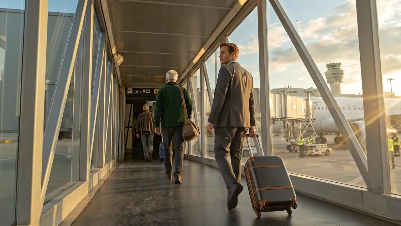 Business Travelers Walking Through Modern Airport Terminal With Luggage