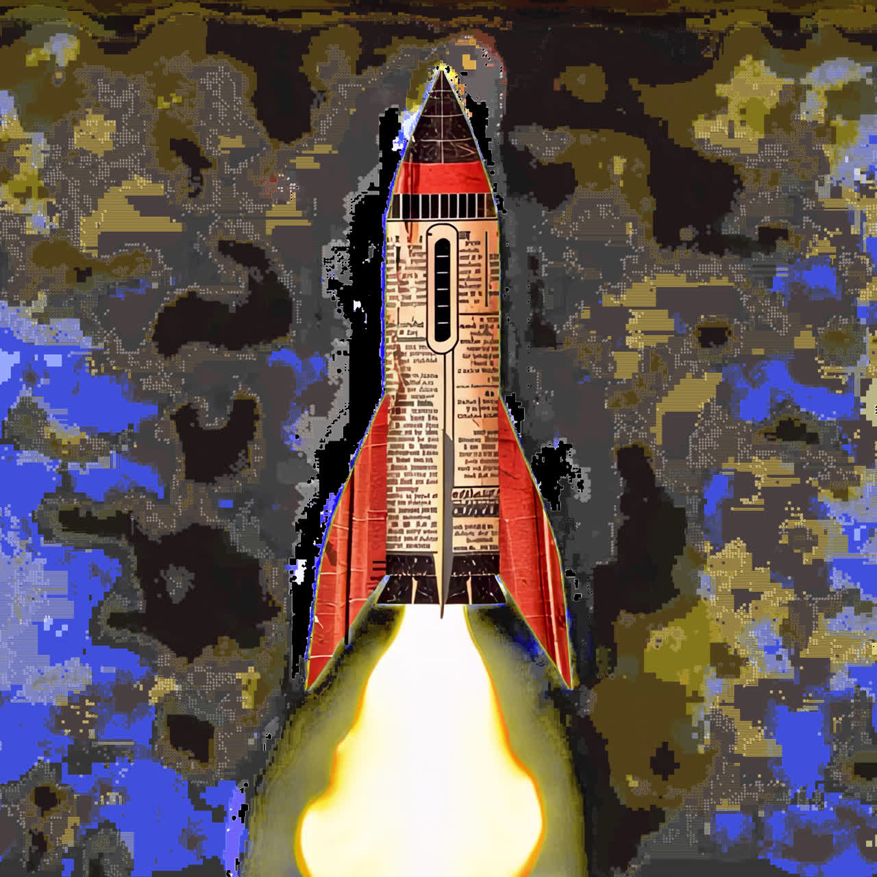 Vintage newspaper rocket launch animated overlay, transparent 4K video, alpha channel, ProRes 4444