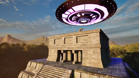 a ufo casting colorful lights, hovering above ancient mayan temple ruins in the jungle on sunset, with an alien standing idle and looking, 3d animation, animated scenery, camera zoom in closer