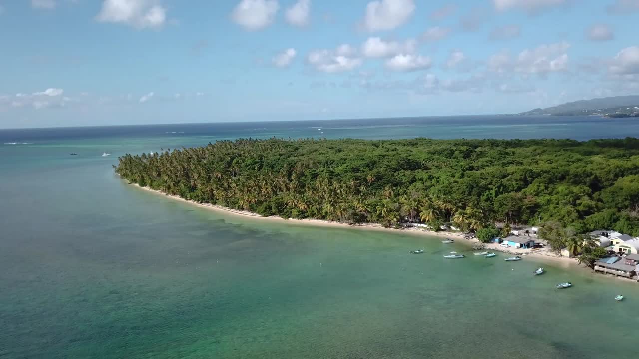 Aerial view of Forested area surounded by water in tobago