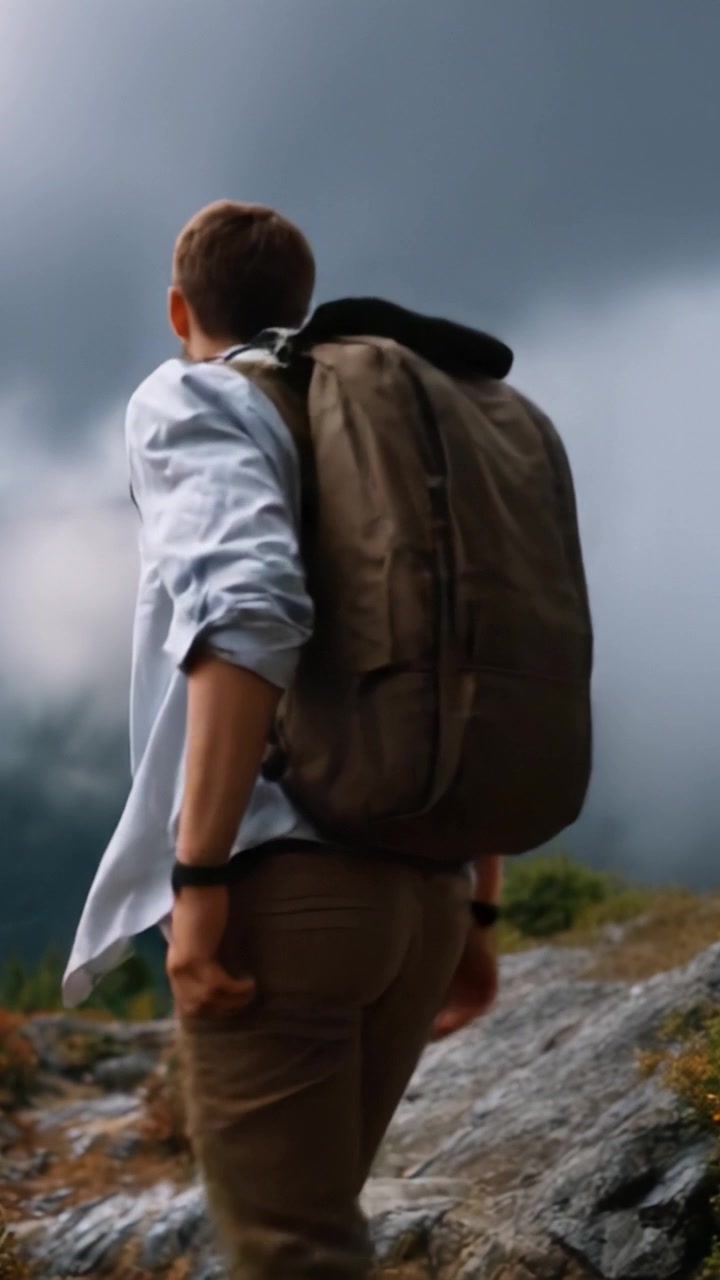 A solitary traveler contemplates the vast, dramatic landscape while embarking on a journey through rugged mountains covered by a blanket of swirling clouds.