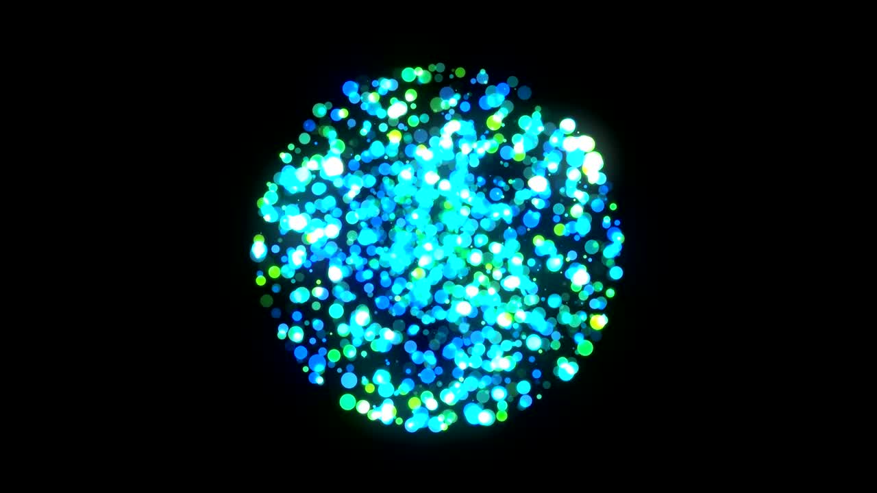 검은색에 많은 입자를 가진 다채로운 구, 컴퓨터 생성 추상적인 배경, 3d 렌더링