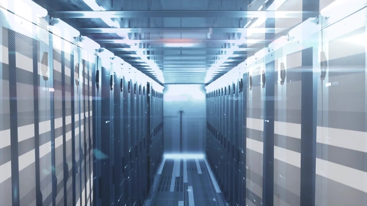 Animation of mosaic squares and light trails over empty computer server room