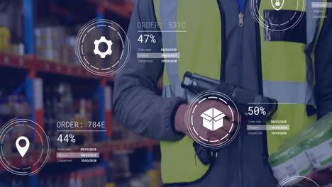 animation of icons and data processing over caucasian man working in warehouse