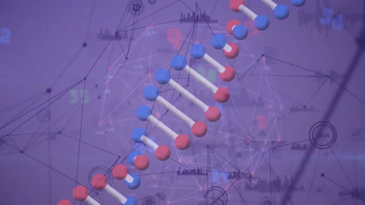 Animazione di filamento di DNA rotante ed elaborazione dati su sfondo viola.
