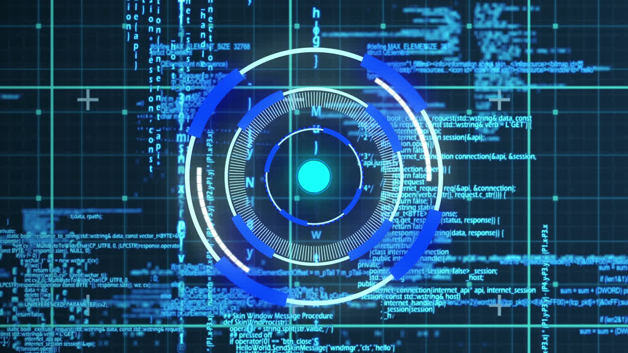 백그라운드의 컴퓨터 언어에 대한 그리드 패턴 위에 조명된 원의 선의 애니메이션