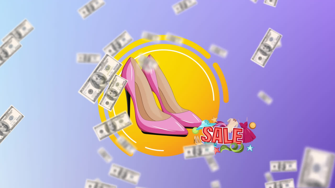 animación de billetes y iconos de zapatos sobre fondo azul