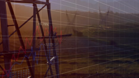 animation of financial data processing over electricity pylons on field