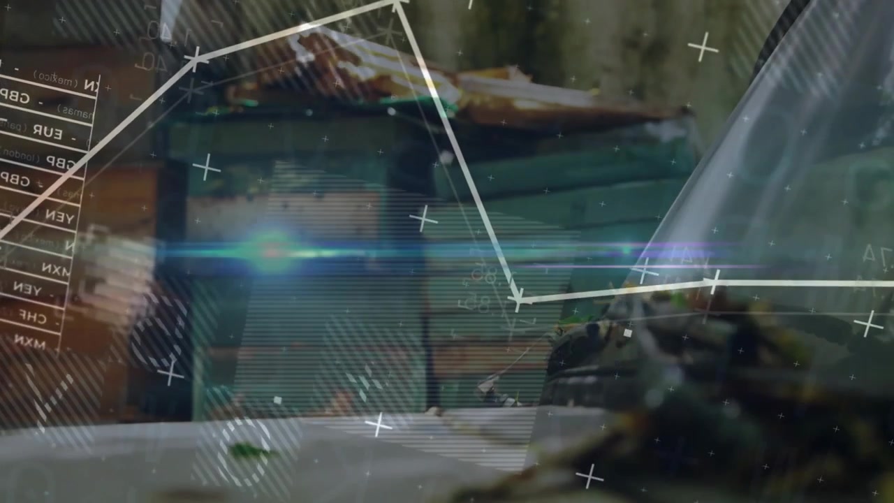 Green crate stack centering frame, HUD overlay appearing animating data graph and revealing shells