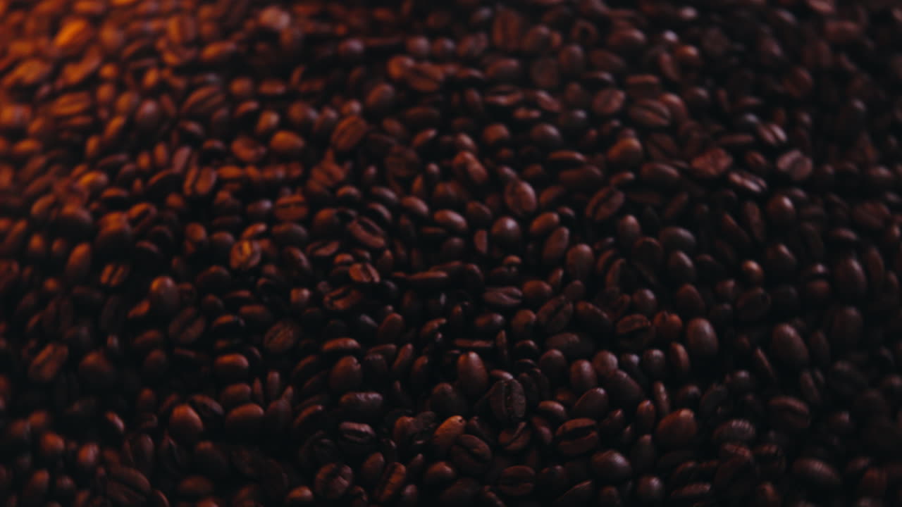 Grãos de café torrados girando sob luz quente