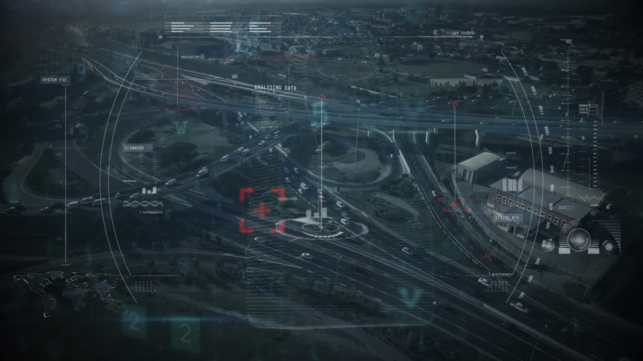 animación de procesamiento de datos e iconos de seguridad en el paisaje urbano