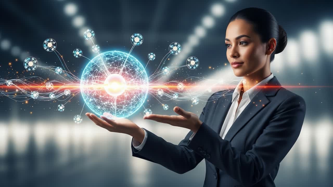 Empowered Professional Manipulating a Futuristic Energy Sphere with Advanced Technology and Digital Elements, Visualizing Innovation and Creativity in a Modern Environment