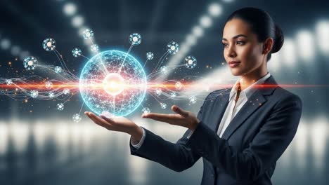 empowered professional manipulating a futuristic energy sphere with advanced technology and digital elements, visualizing innovation and creativity in a modern environment