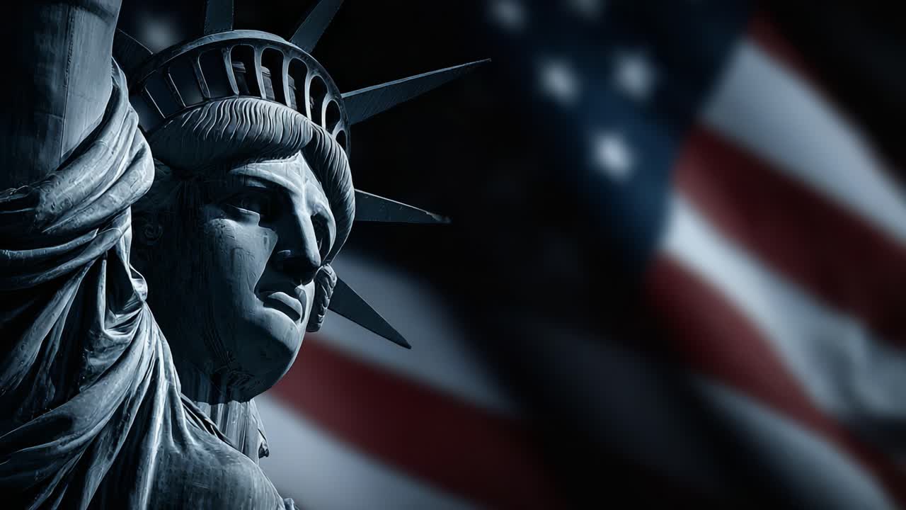 The Statue of Liberty Illuminated Against a Backdrop of the American Flag Symbolizing Freedom, Democracy, and National Identity in a Captivating Visual Display