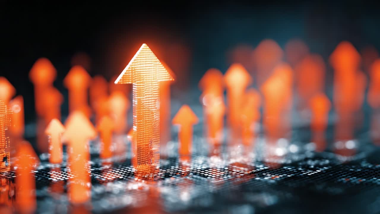 An abstract representation of growth and progress, highlighting the upward trajectory through glowing arrows against a digital backdrop of data patterns