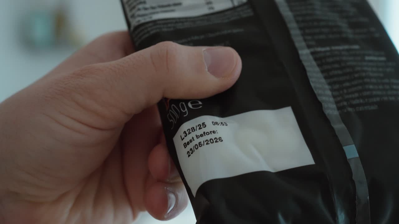 Close-up of a hand pointing at the expiration date on packaged food, emphasizing product safety and consumer awareness